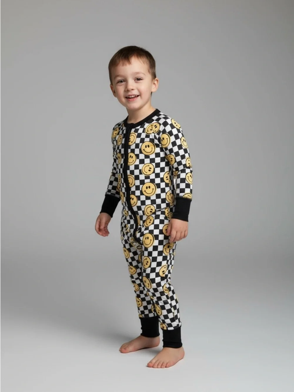 Black & Yellow Smiley Checker One-Piece Pajamas - Kids